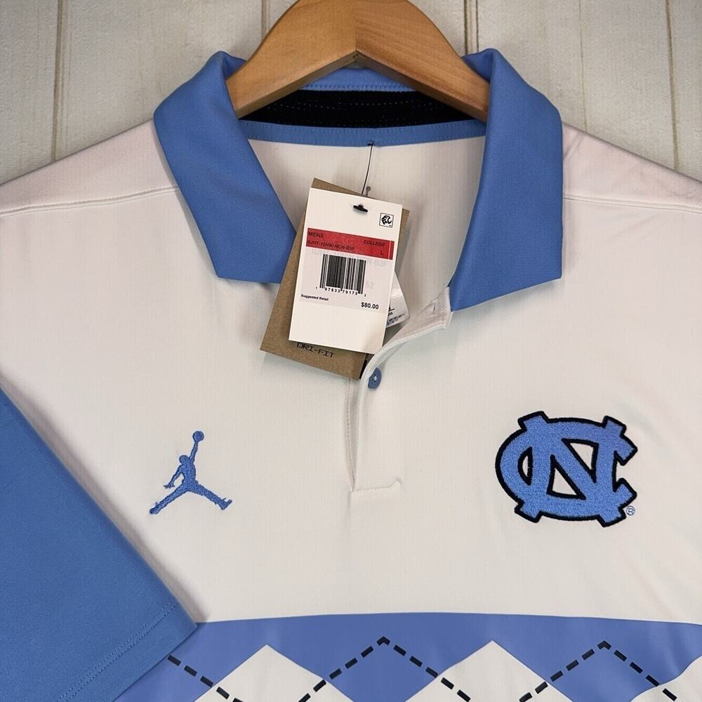 Jordan UNC North Carolina Tar Heels Polo Shirt Mens Large White Blue Nike Argyle